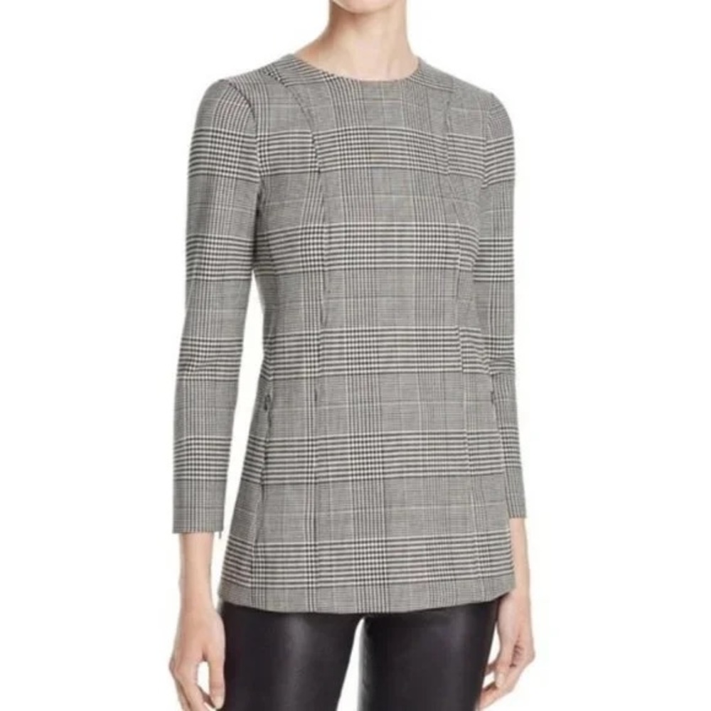 THEORY Lauret CL Portland Glen-Plaid Tunic Top Black White Zip Pockets Size 10